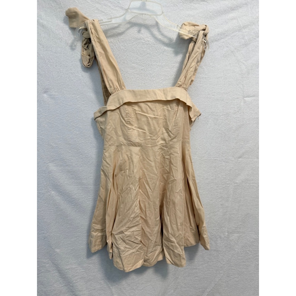 Mable Hippie Kids Beige Tie Shoulder Mini Dress Tan Square Neck Pleated Medium